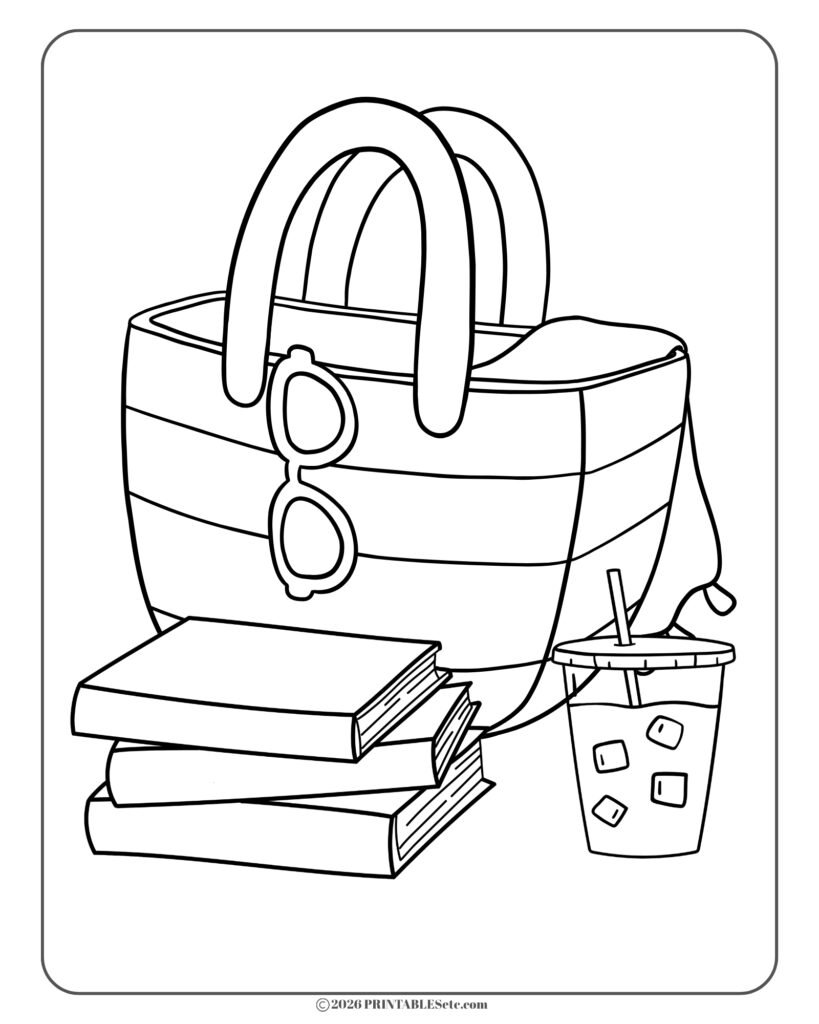 free printable coloring page in a bold and easy style with beach bag books and iced tea in a takeout cup