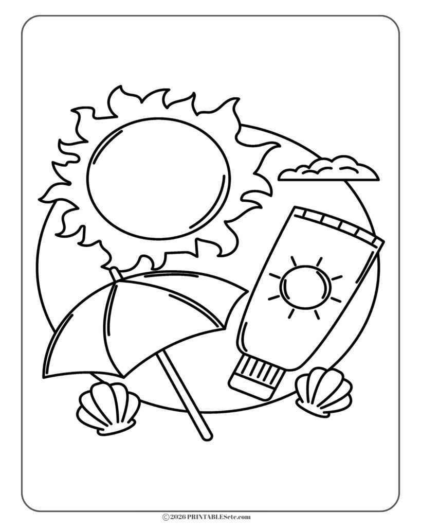 free printable coloring page in a bold and easy style with sun, beach umbrella, sunscreen tube