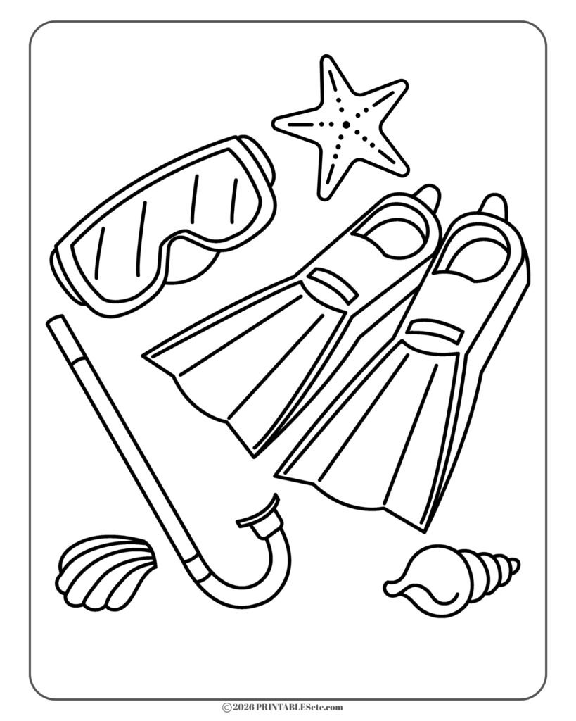 free printable coloring page in a bold and easy style with snorkle, goggles, flippers, shells and starfish