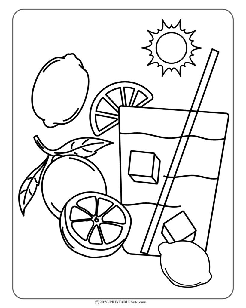 free printable coloring page in a bold and easy style with lemons, sun and iced lemonade in a takeout cup