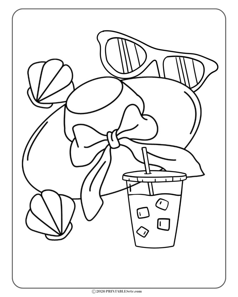 free printable coloring page in a bold and easy style with beach hat, shells and iced drink in a takeout cup