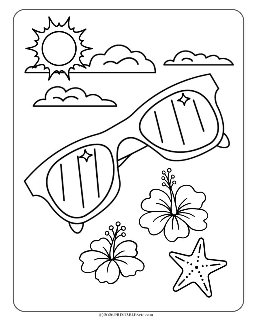 free printable coloring page in a bold and easy style with sunglasses, hibiscus flowers, sun and a starfish