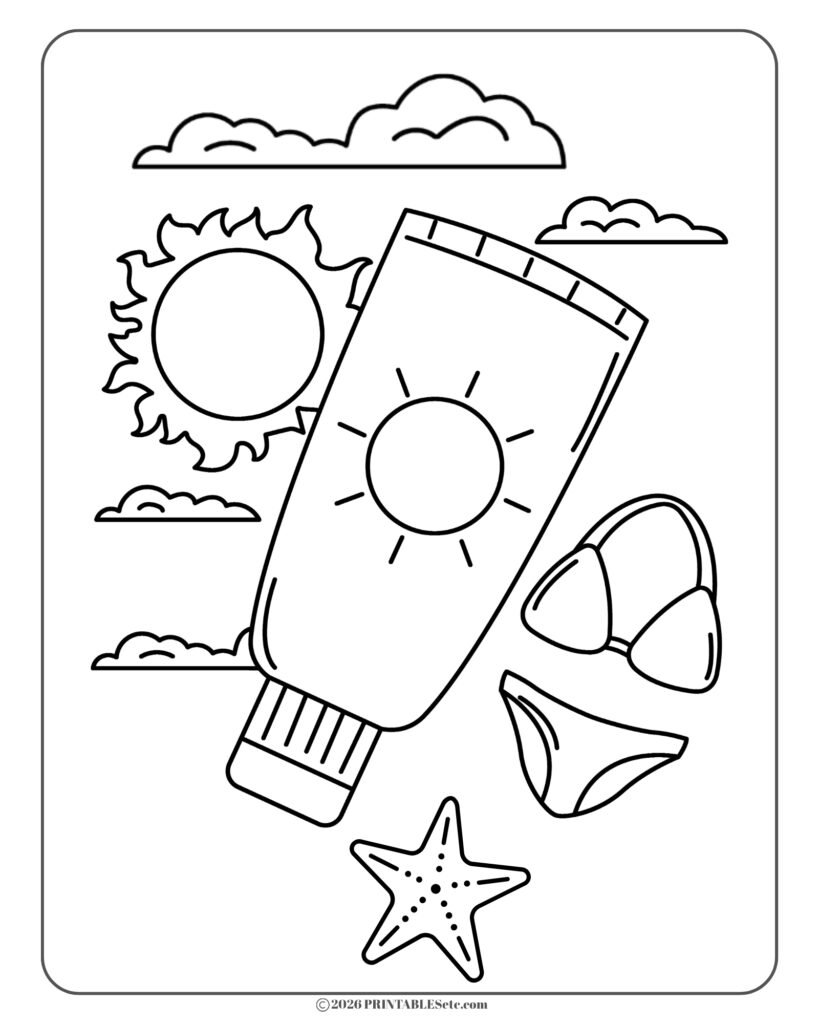 free printable coloring page in a bold and easy style with sunscreen tube, sun, clouds, bikini and starfish