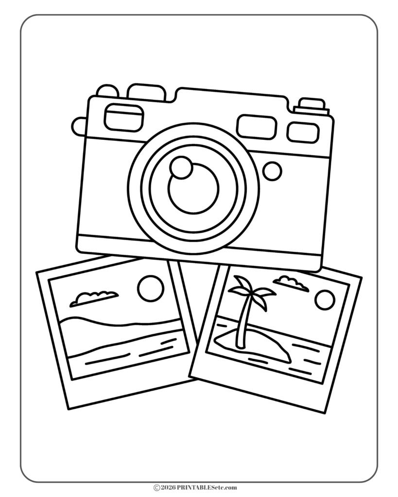 free printable coloring page in a bold and easy style with a camera and two polaroid-style photos of beach scenes