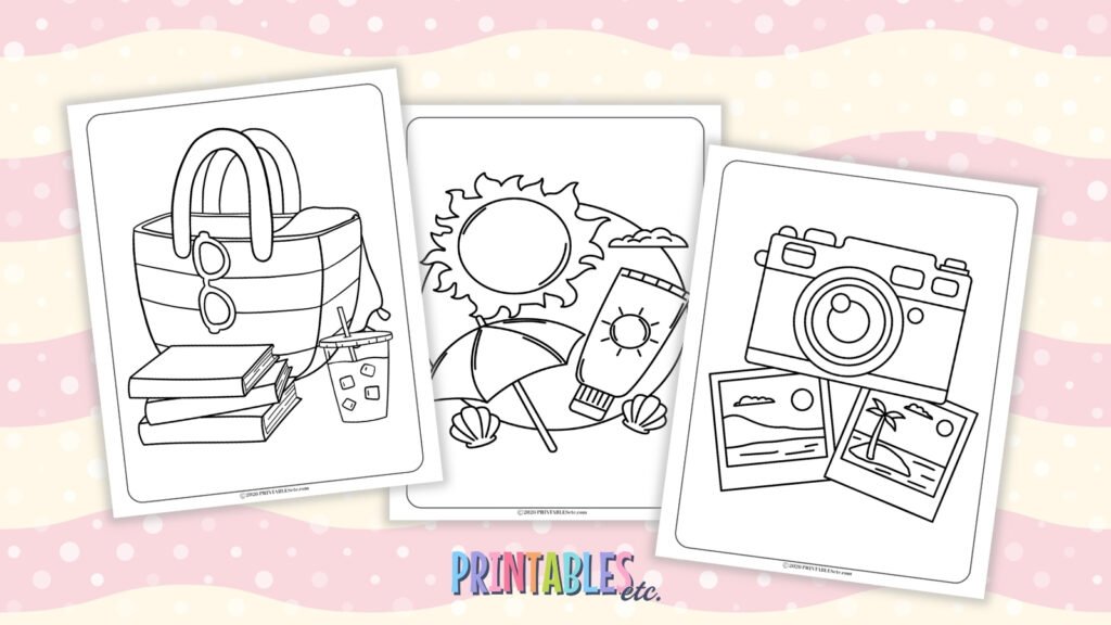 This image shows three of the free printable coloring pages available via this cozy girl summer coloring pages post 
